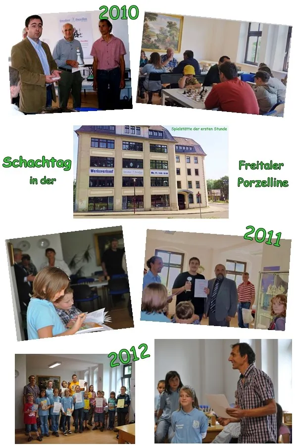 Bildtafel vom Freitaler Schachtag 2010 bis 2012 in der Freitaler Porzelline: Siegerehrungen und Kinder am Schachbrett