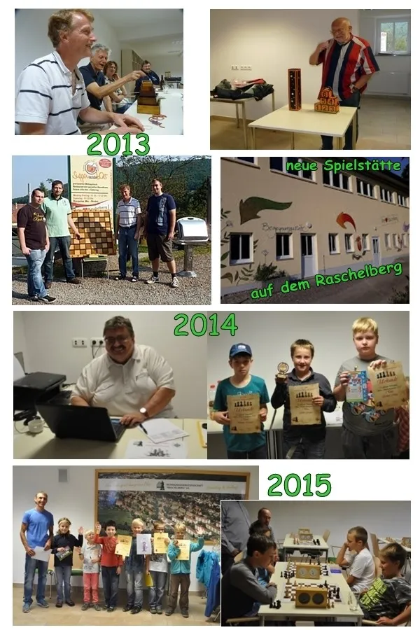 Bildtafel vom Freitaler Schachtag 2013 bis 2015: Umzug in die neue Spielstätte auf dem Raschelberg, Turnierleitung und Preisträger