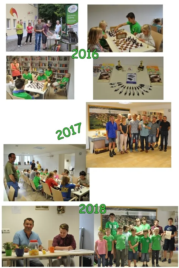 Bildtafel vom Freitaler Schachtag 2016 bis 2018: Turnierbetrieb, Pokale und Mannschaftsfotos auf dem Raschelberg